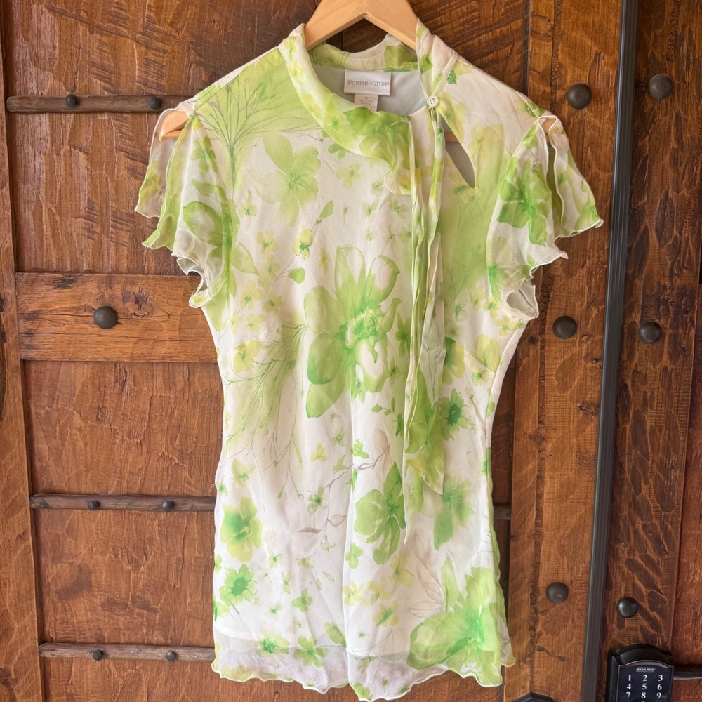 Silk Blouse Sz 10 Floral Tie Flutter Sleeve Y2K Coquette Cottagecore Fairycore